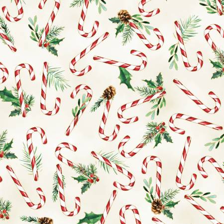 This festive fabric is covered in candy canes with ribbons. This would make a gorgeous backing for your quilting projects!  100% Cotton, 43/44in