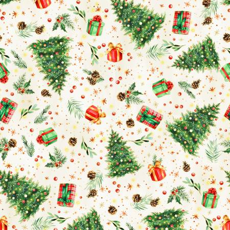 This festive fabric is covered in Christmas trees and presents! Beautiful toss. This would make a gorgeous backing for your quilting projects!  100% Cotton, 43/44in