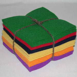 100% wool felt 5in x 5in squares. 36 piece package contains all the colors in the Homespun Classic Collection. Classic Navy, Spring Valley, Cherry Cordial, African Violet, Cantaloupe and Summer Squash.