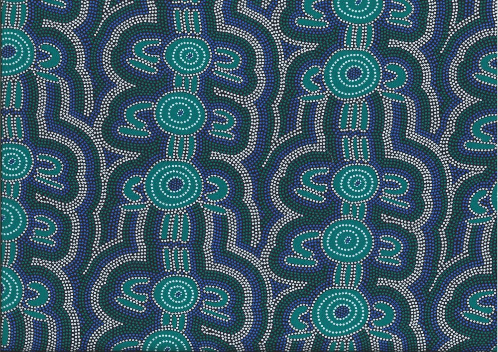 Aboriginal design by Aileen. This "Women Dreaming" print is full of blues and greens and white. This has such a cool print and would be an awesome quilt backing! 