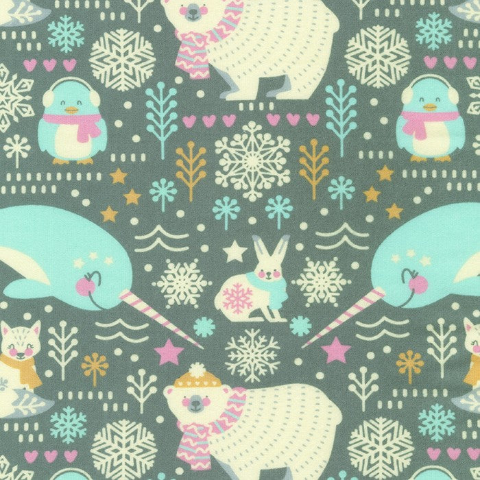 This super soft flannel has a bunch of different animals on a grey background. All these animals are decked out in warm weather attire! Penguins, polar bears, bunnies and even narwhals. Pajamas, blankets, quilts, the possibilities are endless!