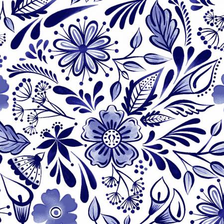 Blue foral on a white ground, Colorido by Melissa Lowry Collection for Clothworks. 100% Cotton, 44/5"