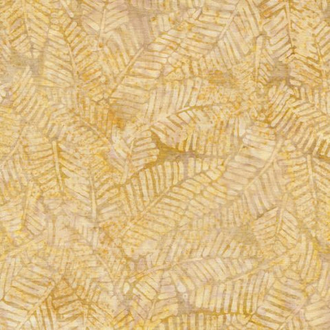 This beautiful soft rayon batik is a beautiful cream/ivory color with hints of golden yellow. A soft leafy pattern covers this fabric. Great for garments of any sorts. 