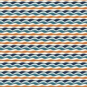 This wavy fabric consists of navy, light blue, orange and white! Pair it with a dark navy to add depth, or a fun white to brighten it up. The different waves give this fabric a whimsical appearance.   100% Cotton, 44/5".