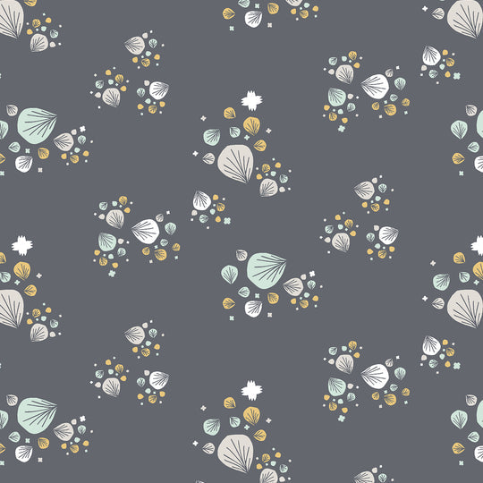 leaves and dots on a blue background.  Designed by Ash Cascade for Cotton & Steel.  Ashley currently resides in beautiful Bend, Oregon. Her artistic style stems from her graphic design background but blossomed into the lovely world of surface pattern design. Her designs begin with a pen or brush in hand, and she completes them by digitally adding finishing touches.100% Cotton, 44/5".