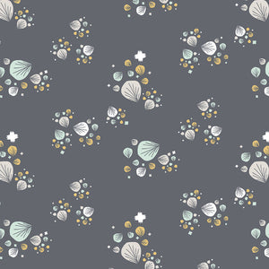 leaves and dots on a blue background.  Designed by Ash Cascade for Cotton & Steel.  Ashley currently resides in beautiful Bend, Oregon. Her artistic style stems from her graphic design background but blossomed into the lovely world of surface pattern design. Her designs begin with a pen or brush in hand, and she completes them by digitally adding finishing touches.100% Cotton, 44/5".