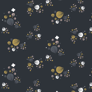 leaves and dots on a blue background.  Designed by Ash Cascade for Cotton & Steel.  Ashley currently resides in beautiful Bend, Oregon. Her artistic style stems from her graphic design background but blossomed into the lovely world of surface pattern design. Her designs begin with a pen or brush in hand, and she completes them by digitally adding finishing touches.100% Cotton, 44/5".
