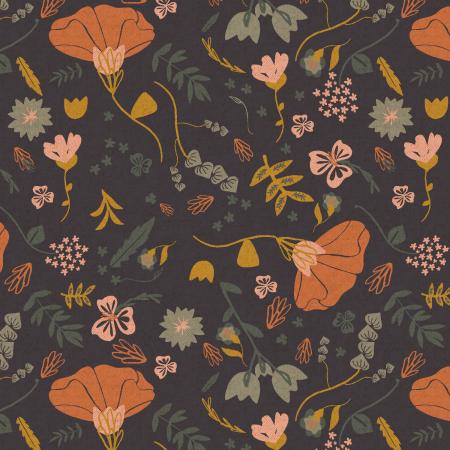 This floral unbleached cotton has poppies and other pretty flowers tossed all over. Navy, burnt umber, light pink, mustard yellow and grey are the main colors. This canvas is beautifully made and would make gorgeous bags, pillows, jackets, and even pants. Get creative with this pretty canvas! 