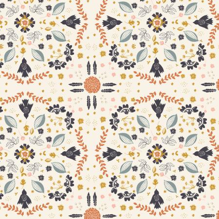 This geometric fabric consists of navy and mustard yellow flowers with light blue leaves and little pink flowers. Nature inspired and brightly colored, this fabric is sure to please!  100% Cotton 44"/45"