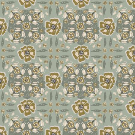 This beautiful fabric is from the I'll watch you fly collection from Cotton and Steel. Designed by Ash Cascade. This fabric is a pretty minty green with brown flowers and different geometric shapes. This fabric has a kaleidoscope affect that grabs your attention. 