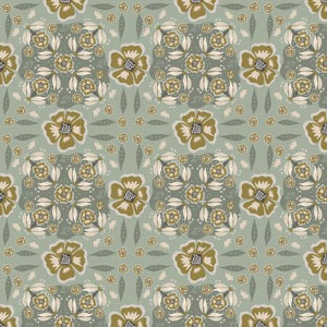This beautiful fabric is from the I'll watch you fly collection from Cotton and Steel. Designed by Ash Cascade. This fabric is a pretty minty green with brown flowers and different geometric shapes. This fabric has a kaleidoscope affect that grabs your attention. 