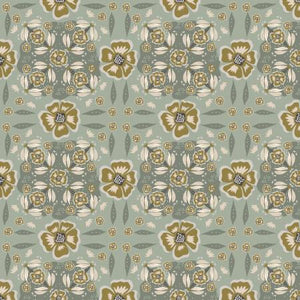This beautiful fabric is from the I'll watch you fly collection from Cotton and Steel. Designed by Ash Cascade. This fabric is a pretty minty green with brown flowers and different geometric shapes. This fabric has a kaleidoscope affect that grabs your attention. 
