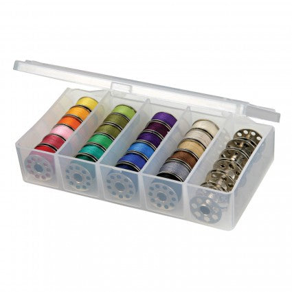 This compact, translucent clear container easily organizes up to 30 sewing bobbins, or a number of other supplies. The permanent dividers make sure your supplies are securely in place and won't migrate from one compartment to the other.