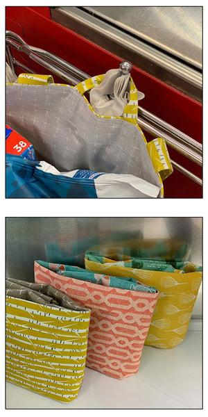 It's so easy to be green! Keep these lightweight, washable bags in your car and you'll be ready to run errands anytime! Easy loops on the top and sides will hold your bag steady while packing groceries. Tuck the bag into its pocket for easy storage. Finished size: 14" x 12" x 7"   