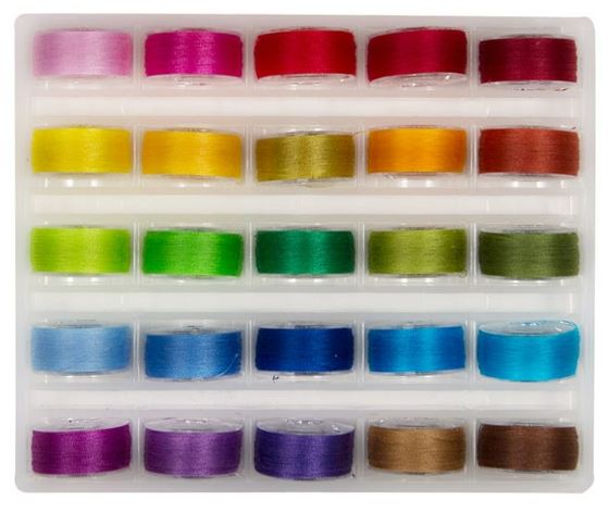 consists of 25 prewound bobbins wound with our strong and low-lint MasterPiece 50 wt. 2-ply Egyptian-grown extra-long staple cotton thread.