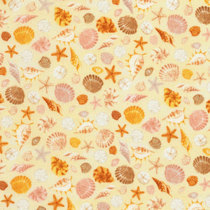 Seashells on pale yellow background. 100% cotton- 44"/45" wide. 