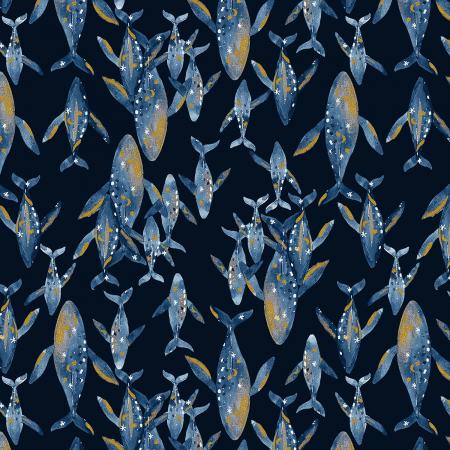 Sea of whales! These whales have golden stars and moons on them with a gold underbelly. Swimming through a deep navy background.   100% Cotton, 44/5".