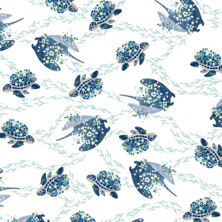 This whimsical oceanic fabric is covered in turtles and stingrays with flowers and seaweed vines! Adorable for using in quilts, sewing projects or even garments!  100% Cotton, 44/5".