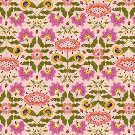 This peach fabric is covered in flowers and little ladybugs. The background is a nice light pink, and the flowers are hot pink, magenta and orange. The leaves that fill in the empty spaces are a sage green.  There are 2 blender style fabrics that are from the same collection - shop "Ladybug Lane" in our store.