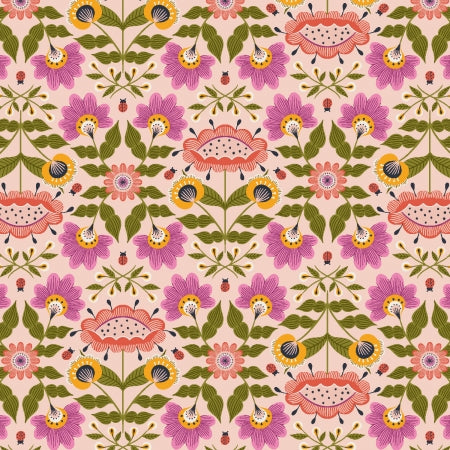 This peach fabric is covered in flowers and little ladybugs. The background is a nice light pink, and the flowers are hot pink, magenta and orange. The leaves that fill in the empty spaces are a sage green.  There are 2 blender style fabrics that are from the same collection - shop "Ladybug Lane" in our store.
