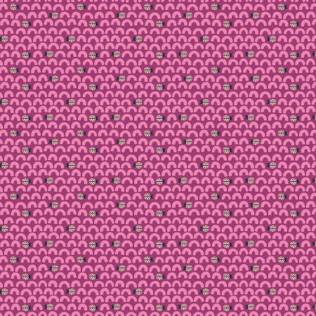 This peach fabric is covered in curves and little ladybugs on a magenta pink background. The little noodle looking shapes are hot pink and the ladybugs are black and white.  There are 2 other fabrics that are from the same collection - shop "Ladybug Lane" in our store.