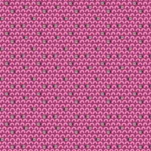 This peach fabric is covered in curves and little ladybugs on a magenta pink background. The little noodle looking shapes are hot pink and the ladybugs are black and white.  There are 2 other fabrics that are from the same collection - shop "Ladybug Lane" in our store.