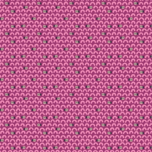 This peach fabric is covered in curves and little ladybugs on a magenta pink background. The little noodle looking shapes are hot pink and the ladybugs are black and white.  There are 2 other fabrics that are from the same collection - shop "Ladybug Lane" in our store.