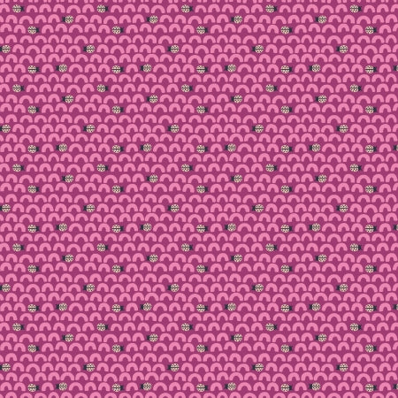 This peach fabric is covered in curves and little ladybugs on a magenta pink background. The little noodle looking shapes are hot pink and the ladybugs are black and white.  There are 2 other fabrics that are from the same collection - shop "Ladybug Lane" in our store.