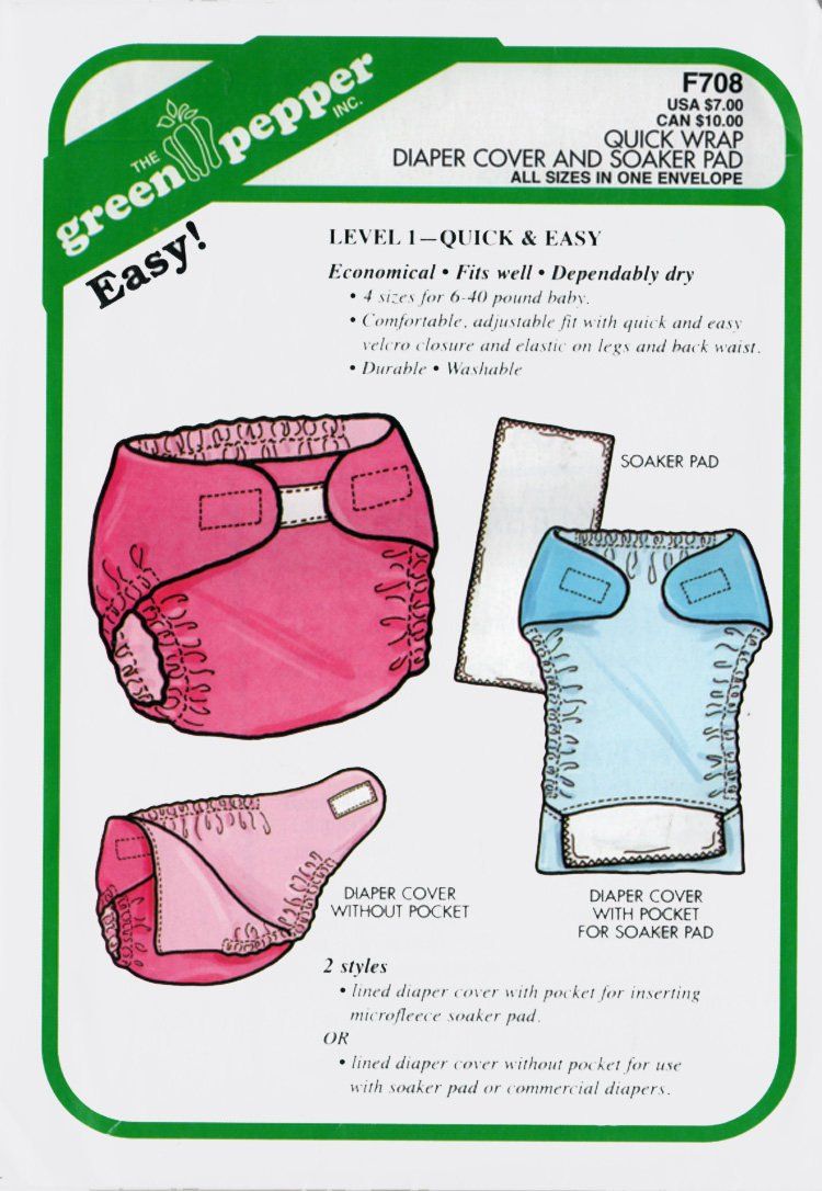 Quick and easy project.   - 4 sizes for 6-40 pound baby  - comfortable, adjustable fit with quick and easy Velcro closure and elastic on legs and back waist.   - durable. Washable