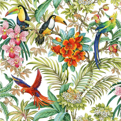 Exotica features a stunning, bright color story with a striking panel of parrots and florals. These tropical prints will take you on vacation with jungle foliage, rainforest plants and two beautiful stripes. The Tropical Toile tonal comes in a rainbow of colors to coordinate with all the stunning prints. Don’t miss the free pattern for the Tropical Enchantment quilt.