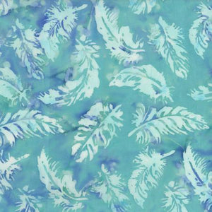 Cascading mint colored feathers on a seafoam green background with hints of blue and purple. By Flaurie & Finch for RJR.  100% Cotton, 44/5"
