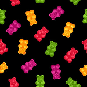 Gummy bears!! This fun fabric is covered with purple, red, yellow and green gummy bears on a black background. Awesome for candy lovers of all ages!  100% Cotton, 44/5"