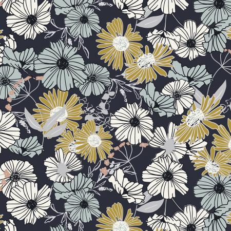 This fabric consists of mustard daisies and blue and white flowers. It is bold, vibrant and playful. Add whimsy to any project with this collection. Designed by Hope Johnson for Wallflower collection for Cotton + Steel. 