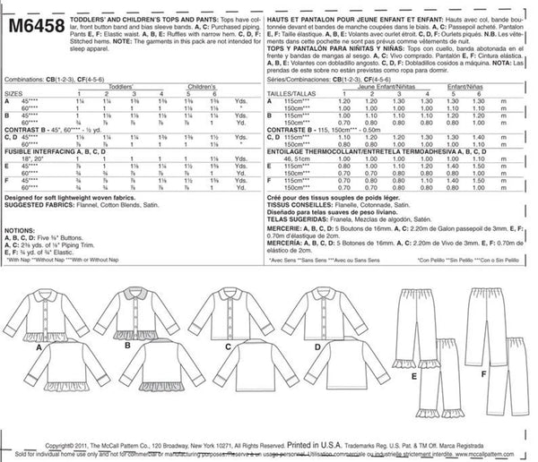  Little Boys and Girls pajama pattern. Long sleeve with ruffles and without and pajama bottoms.   For sizes 4-5-6