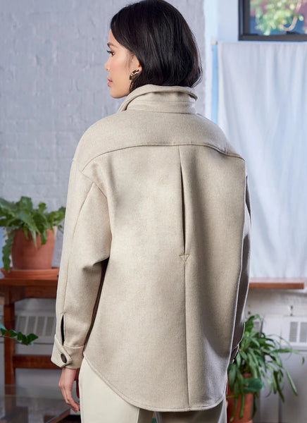 Misses' shirt jacket with welt pockets and button front. Sleeves have pleats to add fullness. This is a great versatile jacket!