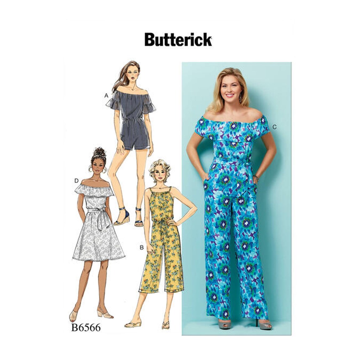 Misses' dress, romper, jumpsuit in 4 ways. This pattern includes sizes xsm, sml, med  Suggested fabrics include, gauze, cotton blends, challis, double georgette, crepe.