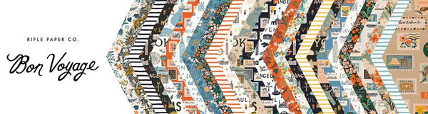 Bon Voyage charm pack featuring different bright patterns like stripes, florals, stamps and different worldly prints.