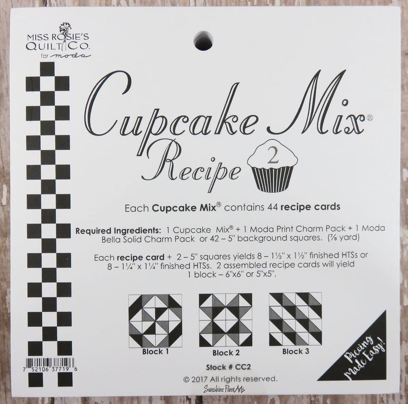 Cupcake Mix Recipe 2 contains 44 recipe cards you can use to make a quilt from two packages of Moda charm packs or (42) 5" squares. This recipe makes 3 different blocks