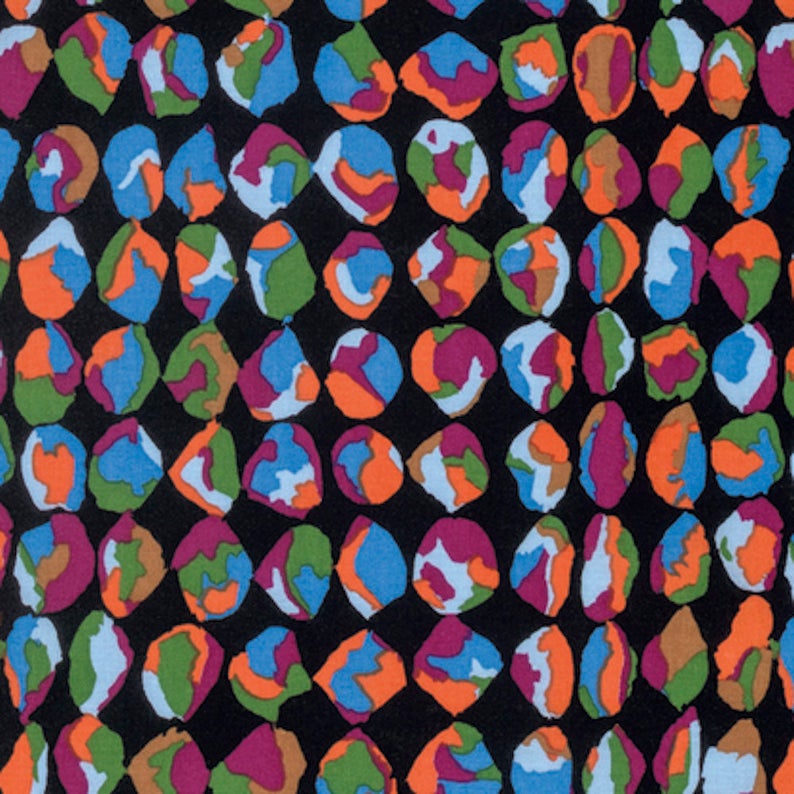 Brandon Mably for Kaffe Fassett Collective. Colorful Baubles on black background or blue..  100% Cotton, 44/5"