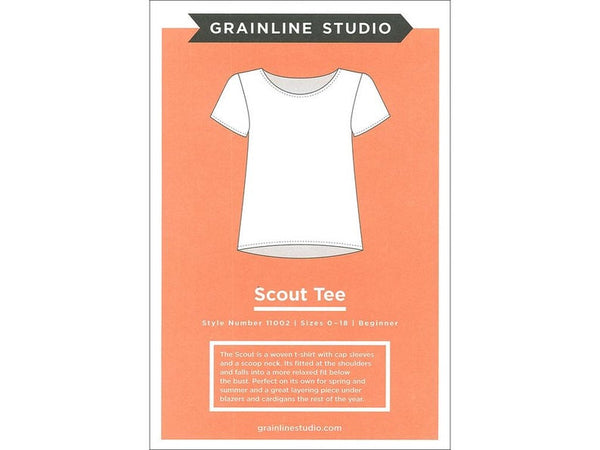 GrainLine Studio Scout Tee Pattern- A t-shirt pattern with capped sleeves and scoop neck, for woven fabrics. Fitted at the shoulders, this top falls into a loose shape below the bust. Techniques include sewing a straight seam, bias binding, setting sleeves and basic hemming. Beginner level pattern.  Sizes 0 - 18.