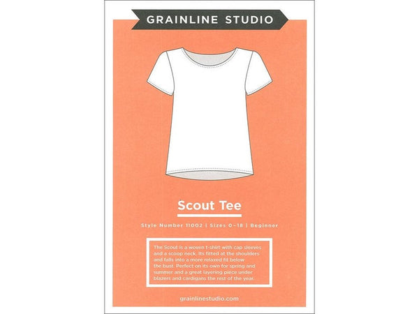 GrainLine Studio Scout Tee Pattern- A t-shirt pattern with capped sleeves and scoop neck, for woven fabrics. Fitted at the shoulders, this top falls into a loose shape below the bust. Techniques include sewing a straight seam, bias binding, setting sleeves and basic hemming. Beginner level pattern.  Sizes 0 - 18.