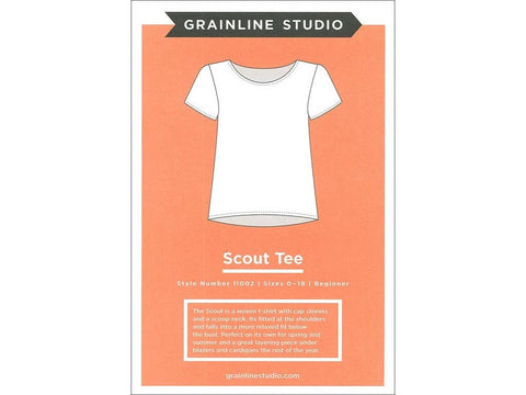 GrainLine Studio Scout Tee Pattern- A t-shirt pattern with capped sleeves and scoop neck, for woven fabrics. Fitted at the shoulders, this top falls into a loose shape below the bust. Techniques include sewing a straight seam, bias binding, setting sleeves and basic hemming. Beginner level pattern.  Sizes 0 - 18.