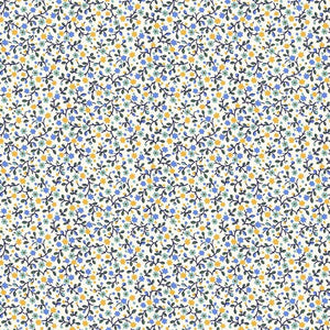 Tiny blue and yellow flowers on an ivory ground.  100% Cotton, 44/5"