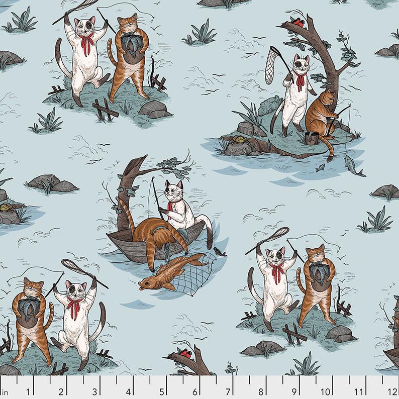 Fishing Trip- Aquifer by Rachel Hauer.  Whimsical cats fishing on a light aqua background.  100% Cotton, 44/5".