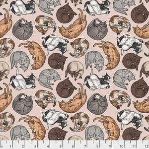 Cat Nap - Natural by Rachel Hauer.  Whimsical cats curled up and lounging on a neutral pink background.  100% Cotton, 44/5".