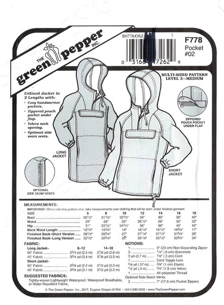 The perfect coastal rain jacket! Have fun with this project by adding colorful fabrics and notions. The Green Pepper 778 Womens Coast Range Anorak Rain Unlined Jacket Sewing Pattern Sizes 6-18 FF