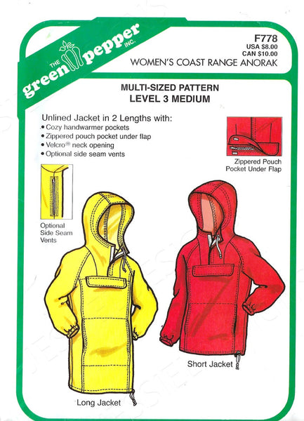 The perfect coastal rain jacket! Have fun with this project by adding colorful fabrics and notions. The Green Pepper 778 Womens Coast Range Anorak Rain Unlined Jacket Sewing Pattern Sizes 6-18 FF