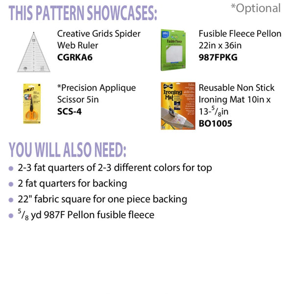 Super Stars pattern is a festive addition to your holiday table. Use two or three fat quarters plus a backing fabric to make this set of four 5-inch coasters and a 20-inch table topper. 
