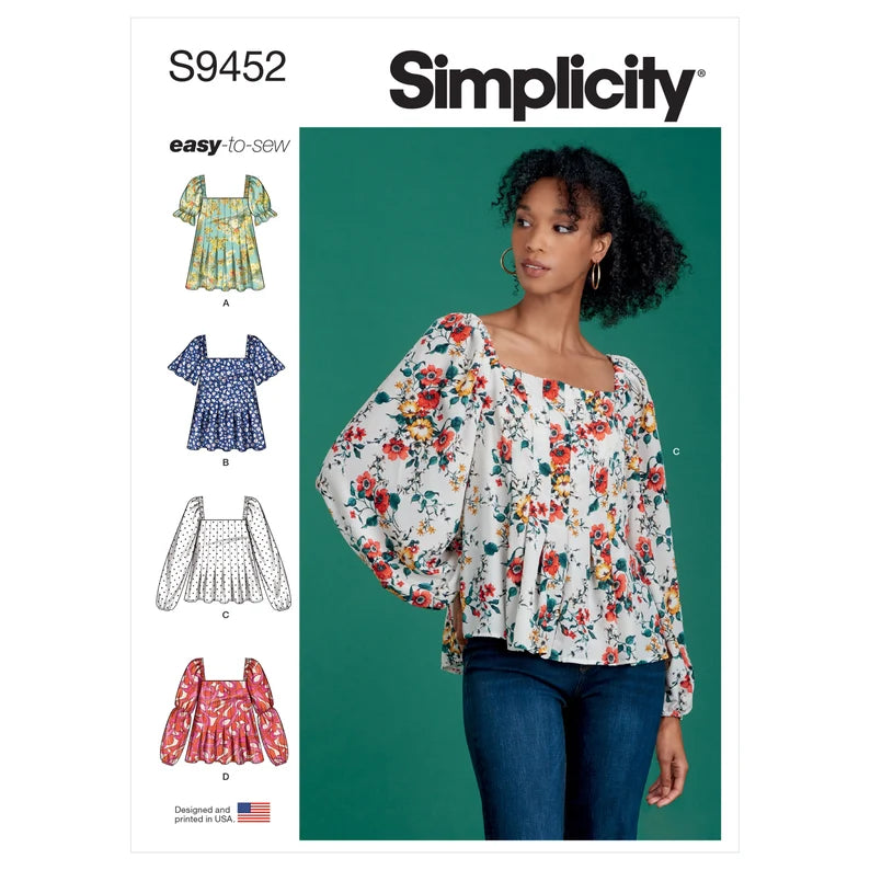 Size 6-14  Top with length and sleeve options, flowy with pleats in front and back  Fabrics - batiks, challis, cotton blends, crepe de chine, dotted Swiss, lightweight linens, silky types