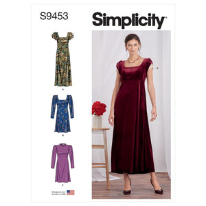 Size 6-14  Dress with sleeves in 2 lengths and skirt in 2 lengths.   Fabrics -brocade, cottons, linens, rayons, sateen, silks, velvet 